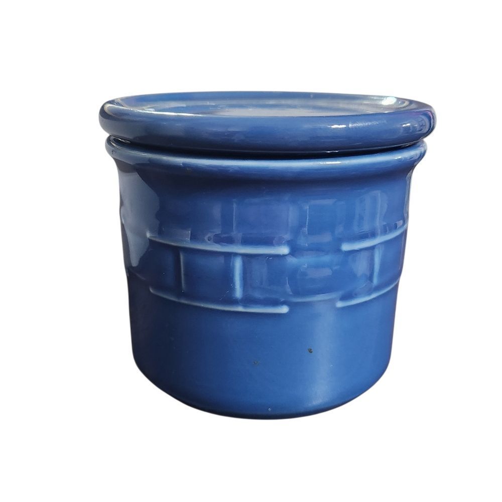 Longaberger Pottery Ceramic Canister with Lid Blue Weave Pattern 4 Inch USA
